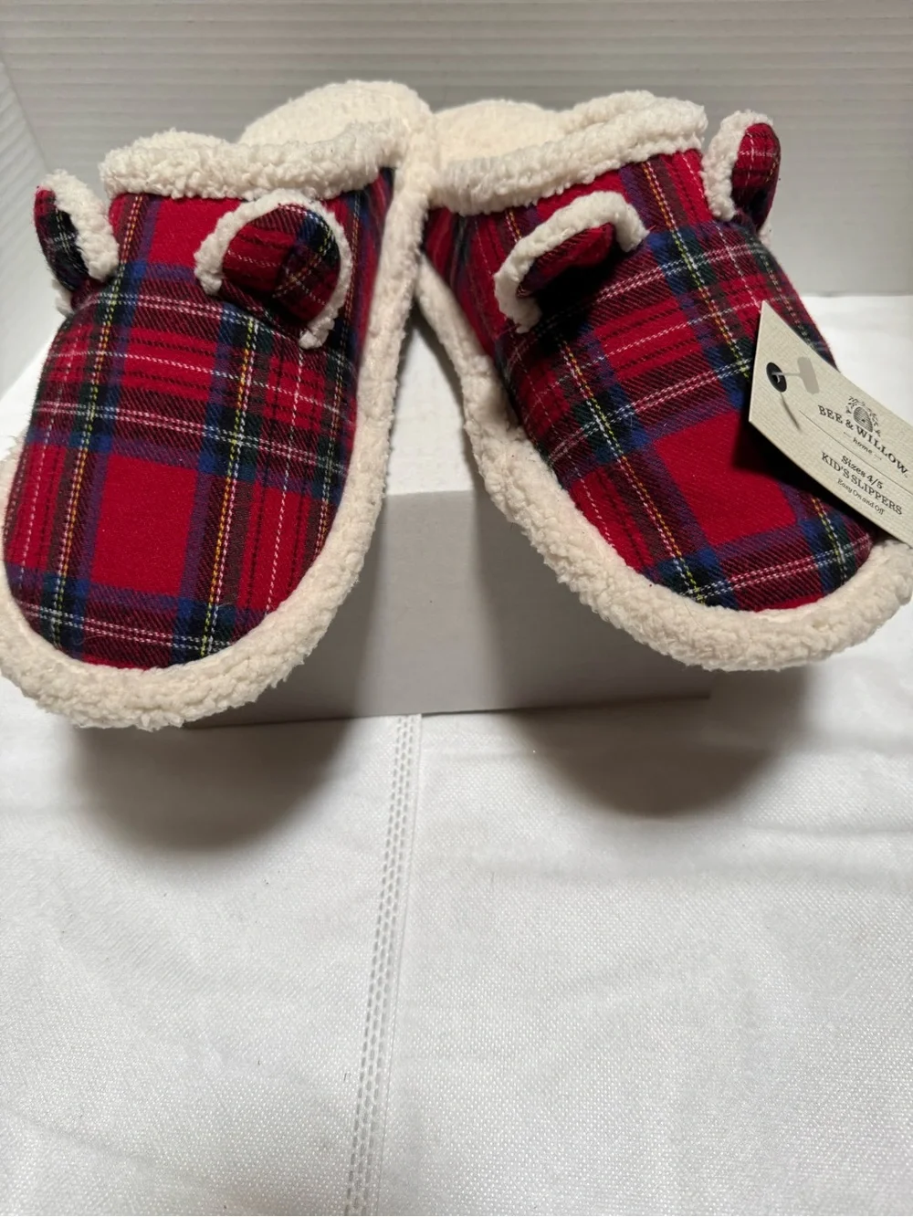 NWT Cozy Red Plaid Kids Slippers with Cream Sherpa Trim